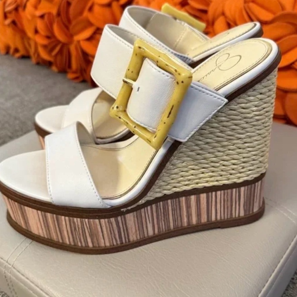 Jessica Simpson Elegant White and Tan Wedge Sandals